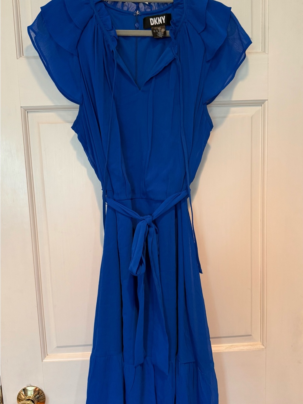 DKNY Royal Blue Ruffle-Shoulder Midi Dress with Tie Waist